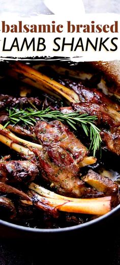 lamb shanks with balsamic braised onions and rosemary in a skillet