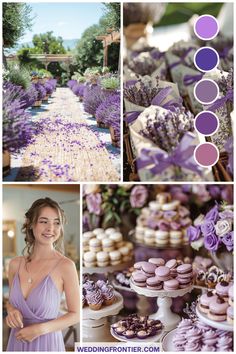 a collage of photos with lavenders and cakes