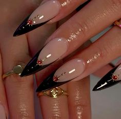 Goth Nail Inspiration, Nails For Hairstylist, Fall Pointy Nails, Dark Feminine Aesthetic Nails, Stiletto Aura Nails, Red Gold And Black Nails, Halloween Nail Designs Almond, Black Nail Designs Trending Now, Hourglass Nails