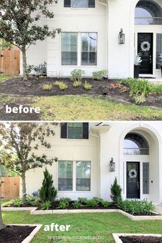 before and after pictures of a front yard landscaping project