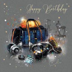 a happy birthday card with an image of luggage and shoes on the ground, surrounded by confetti