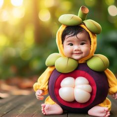 a baby dressed in a costume sitting on a wooden floor with the sun shining behind it