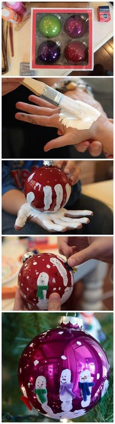 the process of making christmas ornaments is shown in three different pictures, including one being painted and