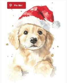 a watercolor painting of a puppy wearing a santa hat with the caption pin me