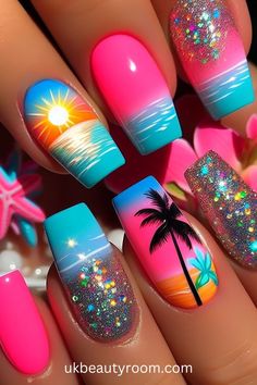 Bright nails are colorful and eye-catching, perfect for adding a pop of excitement to any look.  They are also a great choice for summer!  This post contains 39 ideas for bright nails, including: simple, cute, inspo, classy, elegant, fun, funky, edgy, neon, ideas, art, summer, designs, acrylic, short, for spring, almond. Cabo San Lucas Nail Ideas, Cute Vacation Nails The Beach, Neon Vacation Nails, Colorful Nail Art, Colorful Nail, Fancy Nails Designs, Vibrant Nails, Vacation Nails, Bright Nails