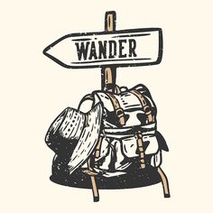 a drawing of a backpack with a sign that says wander and the word's name on it