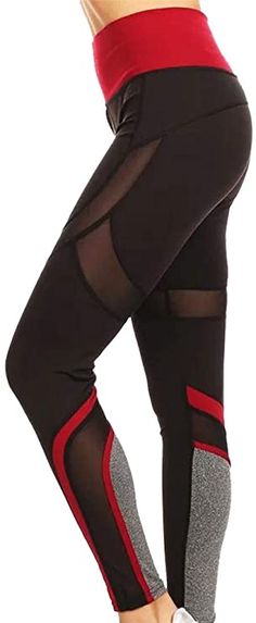 a woman in black and red leggings with mesh on the side, back view