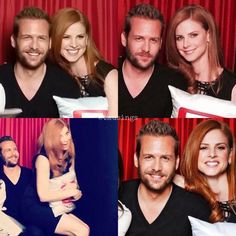 four different pictures of people sitting on couches and smiling at the camera, with red curtains behind them