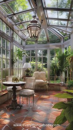 a sun room filled with lots of windows and furniture