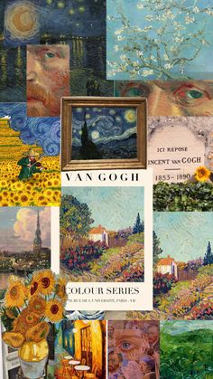 a collage of paintings and pictures with the words van gogh on it's side