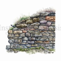 a drawing of a stone wall with grass growing on top