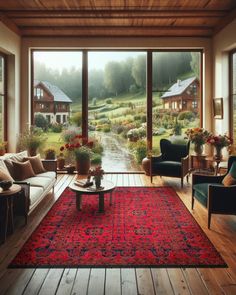 a living room filled with furniture and large windows overlooking a lush green hillside covered in flowers