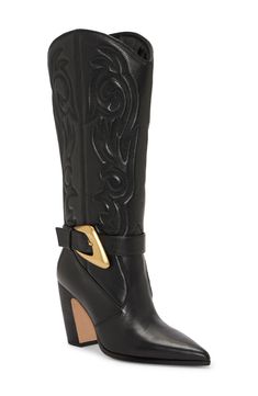 A golden buckle ups the glam of a Western-inspired boot featuring a pointy toe, notched topline and classic embroidery. 3 1/2" heel 11" shaft; 15 3/4" regular calf circumference 11" shaft; 16 3/4" wide calf circumference Side zip closure Leather upper/synthetic lining/rubber sole Imported Extra Wide Calf Boots, Dresses With Cowboy Boots, Western Boots Women, Tall Boot, Wide Calf Boots, Western Boot, Wide Calf, Sandals For Sale, Calf Boots