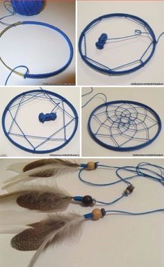 four pictures showing how to make a dream catcher