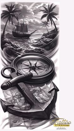 a black and white drawing of a map with a compass in the foreground next to it