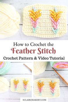 the crochet pattern is shown with text that says how to crochet the feather