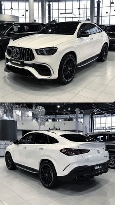 two different views of the front and side of a white mercedes suv in a showroom