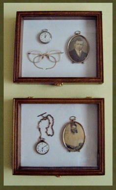 two wooden frames with different items in them