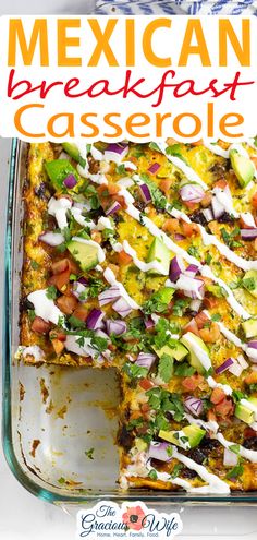 mexican breakfast casserole in a glass dish with the title overlay above it