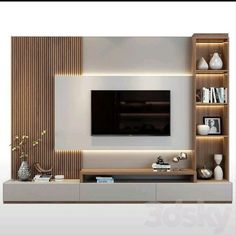 modern living room with entertainment center and built - in bookshelves on the wall