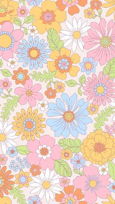 an image of colorful flowers on a white background with pink, yellow and blue colors