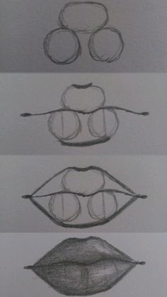 three different stages of drawing lips with pencils on the bottom, and one is drawn in