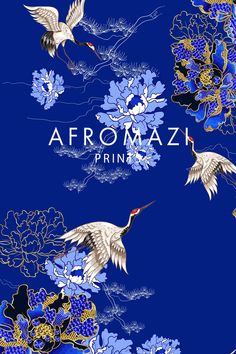 two birds flying over blue flowers on a blue background with the words afromazi