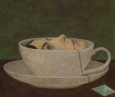 a painting of a man's head in a cup