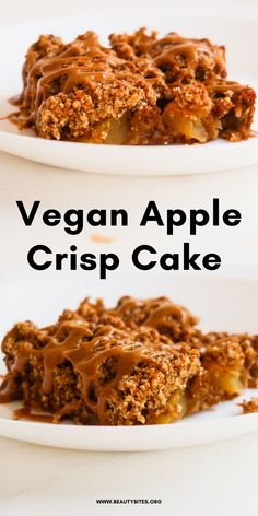 vegan apple crisp cake on a white plate with chocolate drizzled over it