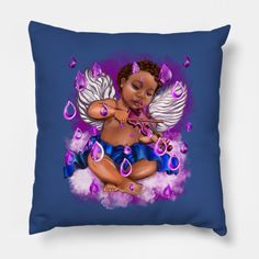 a blue pillow with an angel sitting on it's side and bubbles around her