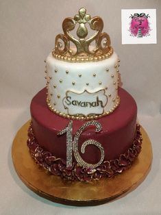 a three tiered cake with a crown on top and the number sixteen on it