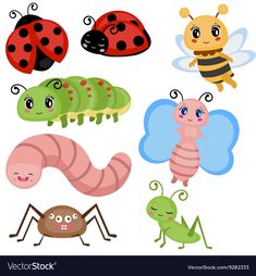 cartoon insects and caterpillars on white background