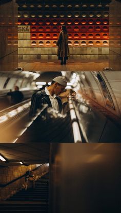 a man standing in front of an escalator and looking at his cell phone