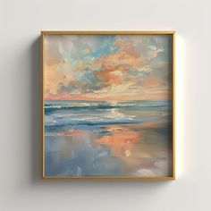 an abstract painting hangs on the wall above a white wall with a gold framed frame