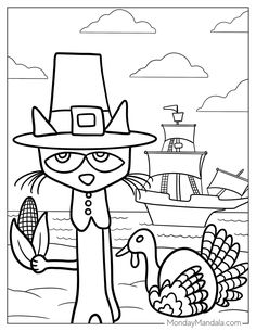 a cat wearing a pilgrim hat next to a turkey on the beach with a ship in the background