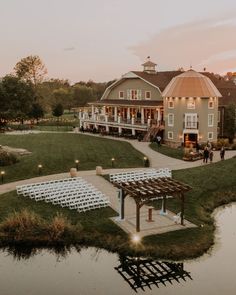 an aerial view of the wedding venue at sunset