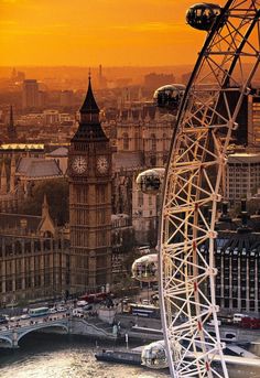 an aerial view of the london eye at sunset