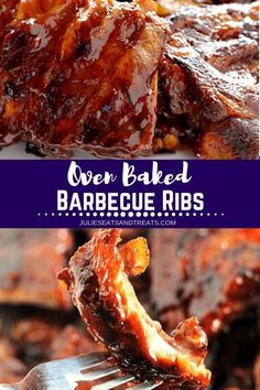 barbecue ribs with bbq sauce on top and the words oven baked barbecue ribs above it