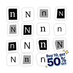 stickers with letters and numbers are shown in black and white on a white background