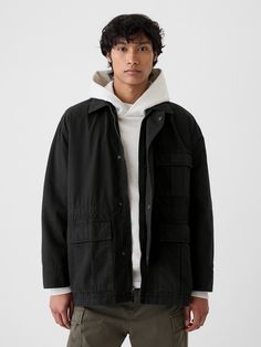 Soft ripstop cotton utility fatigue jacket.  Point collar, zip front beneath snap placket.  Long sleeves.  Front utility pockets.  Interior waistband.  Fit: Over Utility Pockets, Chunky Knitwear, Swimwear Shorts, Chino Trousers, Formal Shirts For Men, Loungewear Shorts, Wide Fit Boots, Cargo Trousers, Jogger Jeans