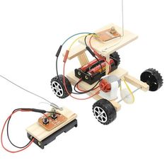 an assembled robot with wheels and wires attached to it