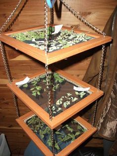 three tiered wooden shelf with glass panels and metal chains hanging from the sides, in front of a wood wall