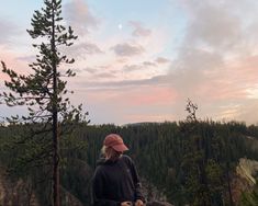 a woman standing on top of a mountain next to a forest filled with pine trees