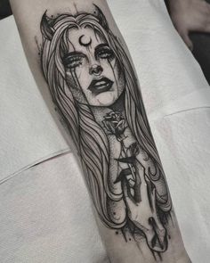 Dark feminine demon tattoo Dark Disney Tattoo, Dark Feminine Tattoos, Rip Tattoos For Mom, Feminine Skull Tattoos, Mystical Tattoos, Feminine Tattoo Sleeves, Medusa Tattoo