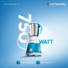 a blue and white blender sitting on top of a blue background with the words slow