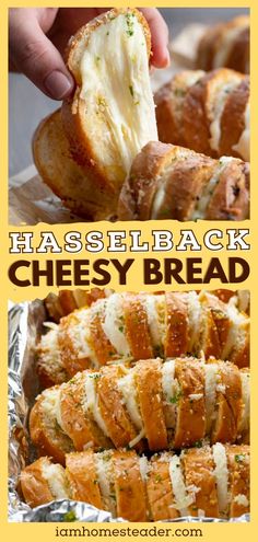 several different types of cheese breads on tin foil with text overlay that reads hasselback cheesy bread