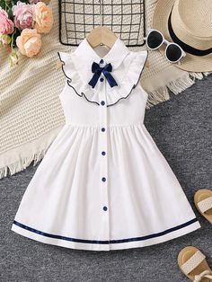 Young Girl Back To School Season Commuting & Casual Academia Style Light Blue & White Lotus Edge Sleeveless Dress Blue and White Cute  Sleeveless Polyester Geometric Shirt Non-Stretch  Young Girls Clothing, size features are:Bust: ,Length: ,Sleeve Length: Dress For School, New Baby Dress, Casual Academia, Shirred Waist Dress, Child Dress, Pretty Little Dress, Baby Clothes Patterns Sewing, Academia Style, Kids Dress Patterns