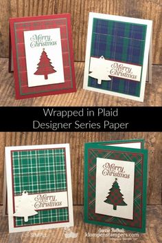 three different christmas cards with the words wrapped in plaid and trees on them, one is green