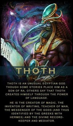 an image of the egyptian god thoth with text above it that reads, thou is an unusual egyptian god though some stories place him as a son of ra, others say that