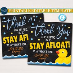 two thank you cards with rubber ducks in the water and bubbles on them, one is for